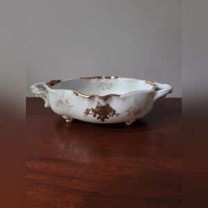 Eisenberg Porcelain Footed Candy Bowl with handles and ruffled edges.